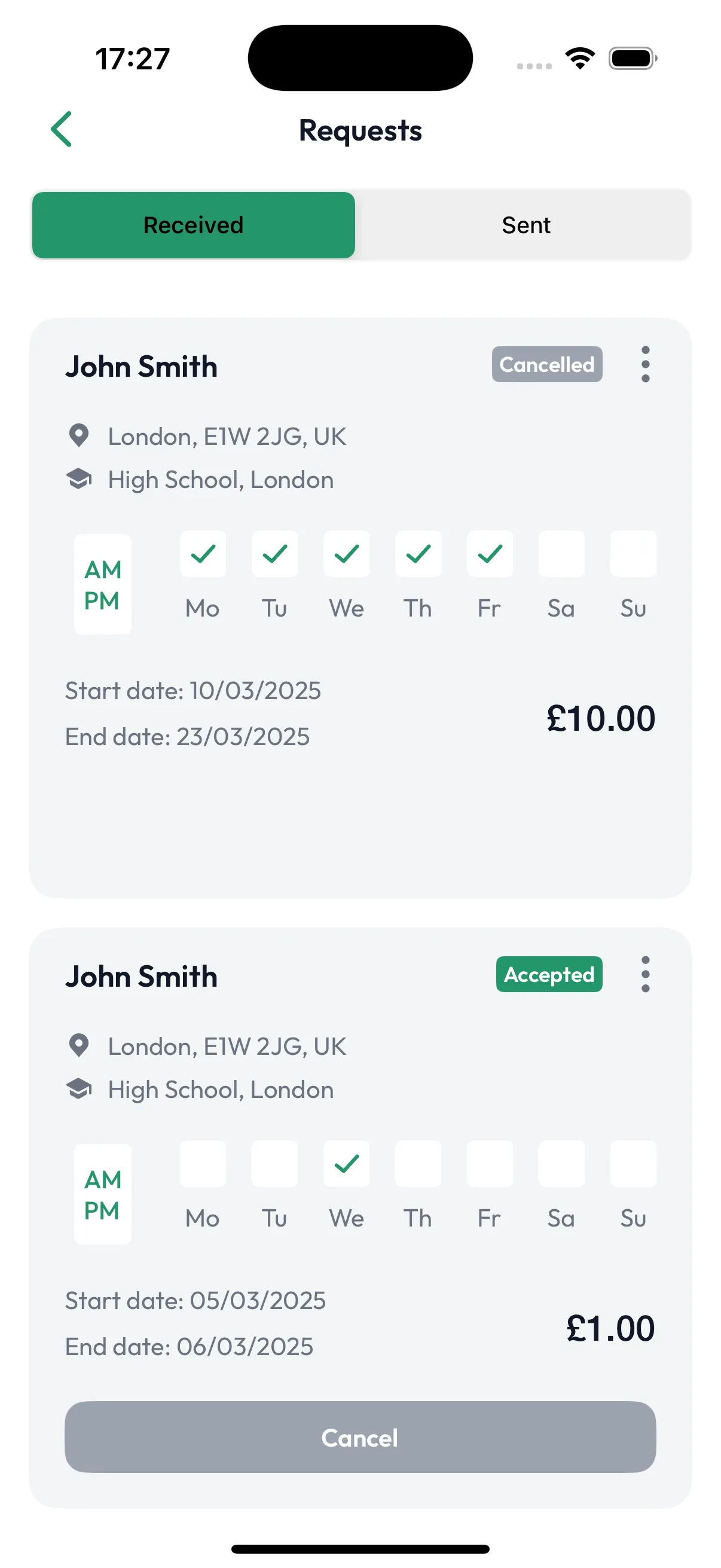 Parent booking request